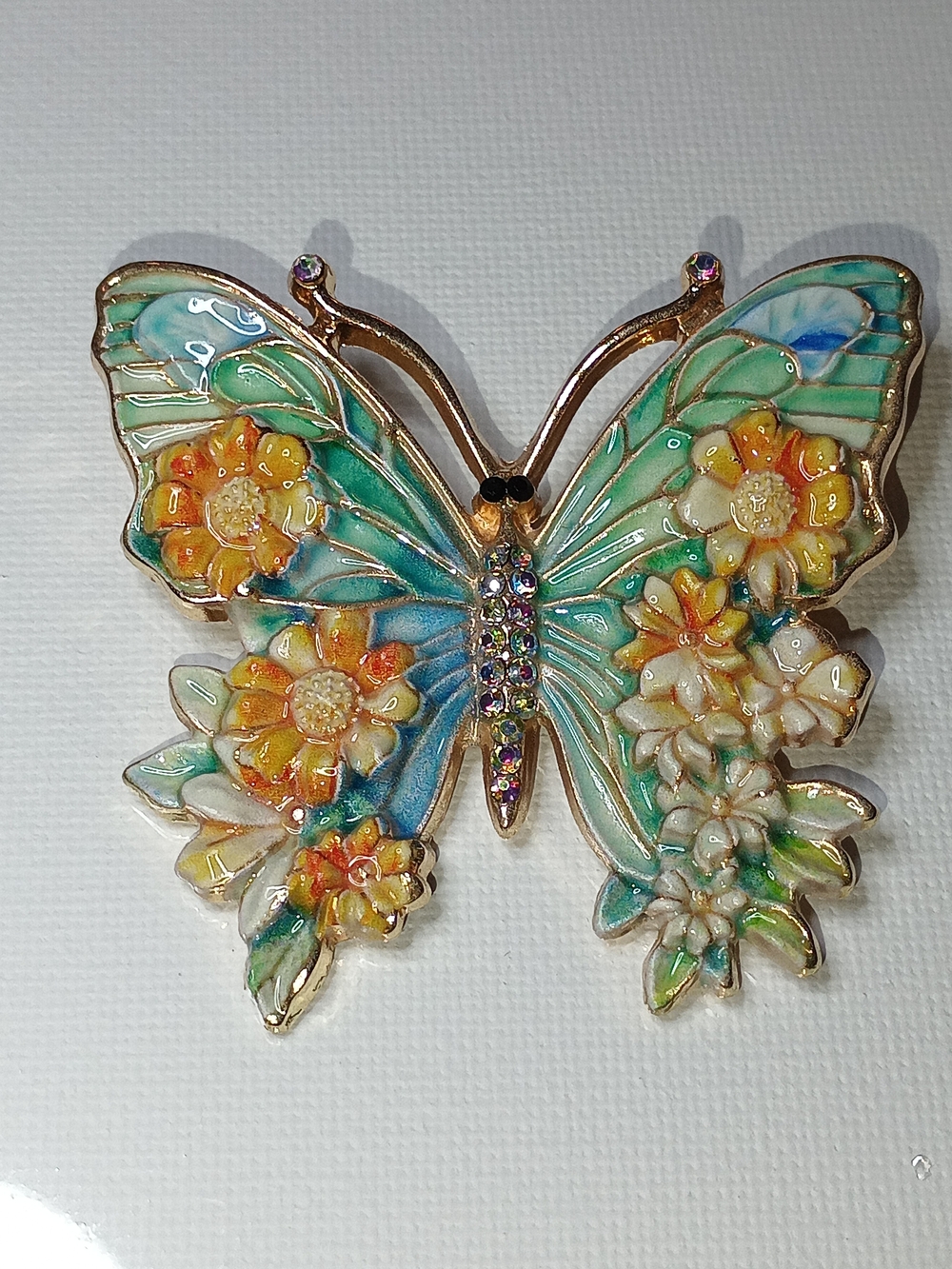 Butterfly Floral Enamel Brooch in Aqua and Yellow - Unbranded